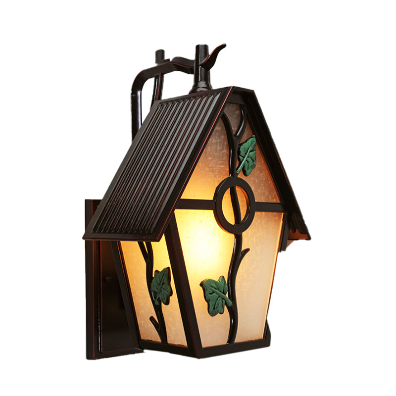 Rustic 1-Light Outdoor Wall Sconce In Coffee With Leaf Design - White Glass