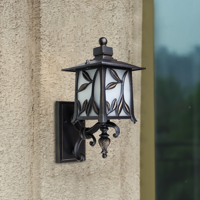 Opal Glass Black Sconce Shade Lantern - Countryside Wall Lighting With Leaf Design