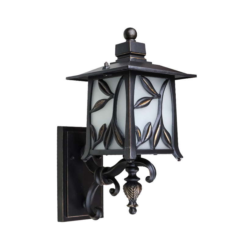 Opal Glass Black Sconce Shade Lantern - Countryside Wall Lighting With Leaf Design