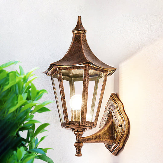 Retro Clear Glass Pavilion 1-Light Wall Sconce In Bronze - Courtyard Lighting Fixture