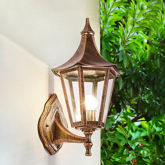 Retro Clear Glass Pavilion 1-Light Wall Sconce In Bronze - Courtyard Lighting Fixture