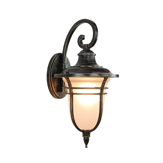 Countryside Cream Glass Outdoor Sconce Light - 1-Head Black Wall Lamp With Swooping Arm