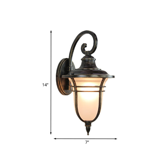 Countryside Cream Glass Outdoor Sconce Light - 1-Head Black Wall Lamp With Swooping Arm