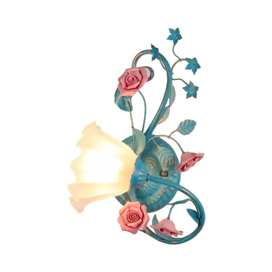 Opal Matte Glass Wall Lamp - Pastel Blue-Pink/Blue-White Scroll Flower Sconce Light (Left/Right)