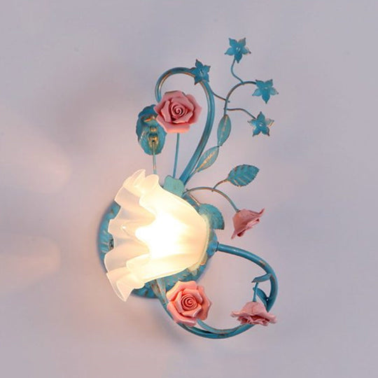 Opal Matte Glass Wall Lamp - Pastel Blue-Pink/Blue-White Scroll Flower Sconce Light (Left/Right)