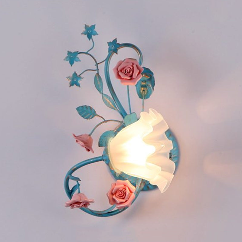 Opal Matte Glass Wall Lamp - Pastel Blue-Pink/Blue-White Scroll Flower Sconce Light (Left/Right)