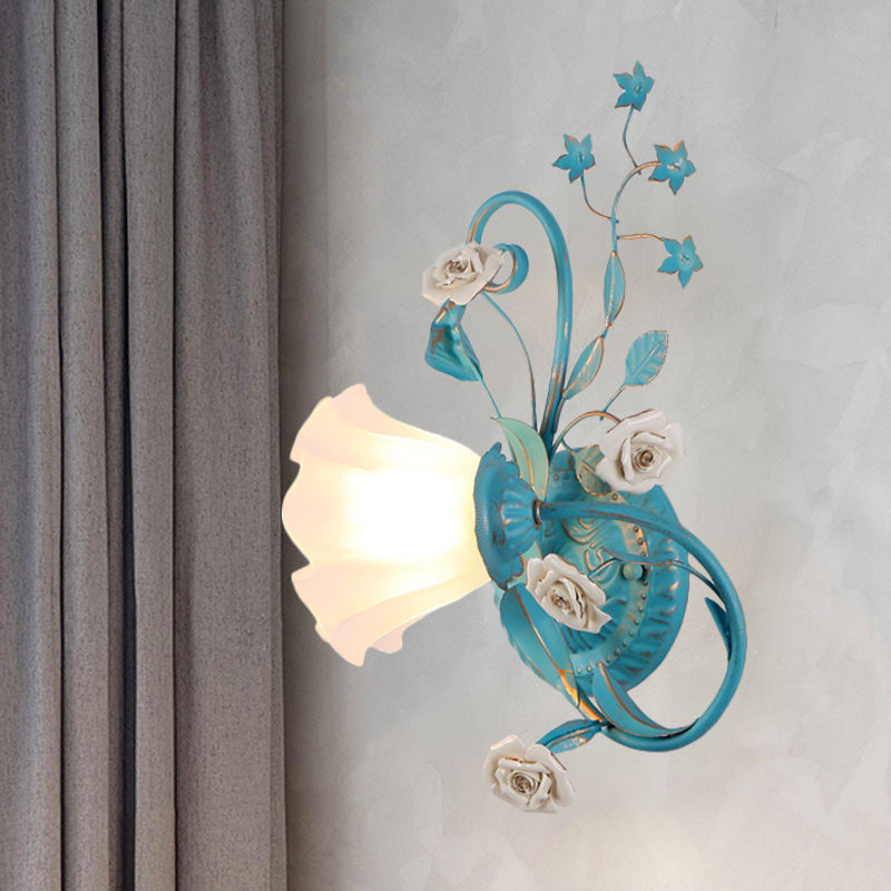 Opal Matte Glass Wall Lamp - Pastel Blue-Pink/Blue-White Scroll Flower Sconce Light (Left/Right)