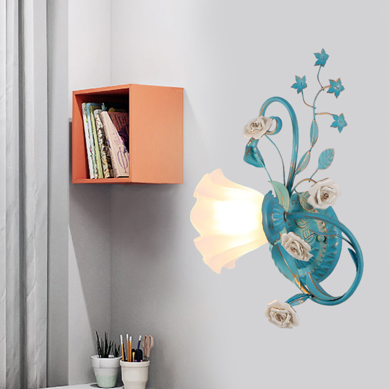 Opal Matte Glass Wall Lamp - Pastel Blue-Pink/Blue-White Scroll Flower Sconce Light (Left/Right)