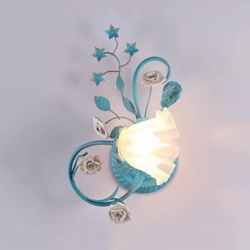 Opal Matte Glass Wall Lamp - Pastel Blue-Pink/Blue-White Scroll Flower Sconce Light (Left/Right)
