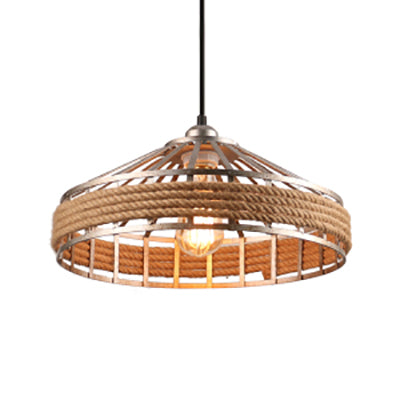 Vintage Rope And Metal Suspension Light For Restaurants - Conic Cage Design In Aged Silver/Black