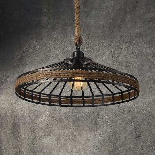 Vintage Rope And Metal Suspension Light For Restaurants - Conic Cage Design In Aged Silver/Black