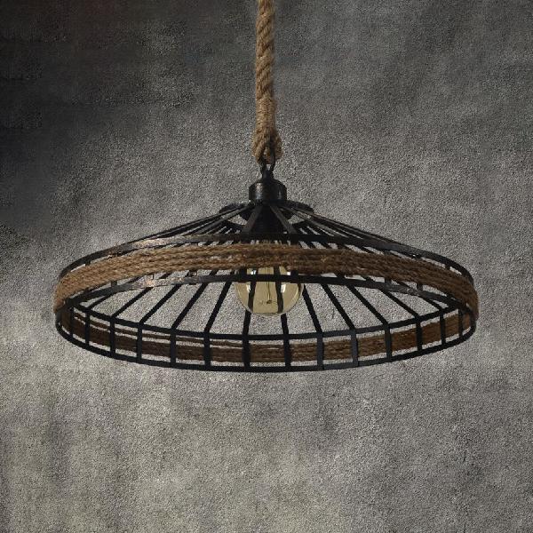 Vintage Rope And Metal Suspension Light For Restaurants - Conic Cage Design In Aged Silver/Black