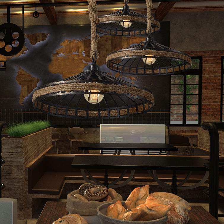 Vintage Rope And Metal Suspension Light For Restaurants - Conic Cage Design In Aged Silver/Black