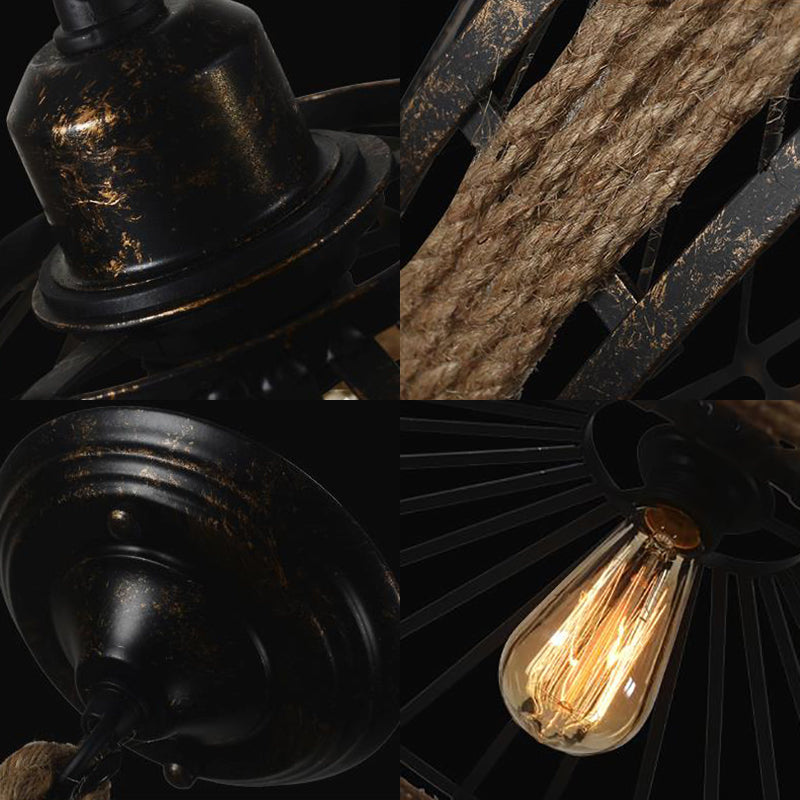 Vintage Rope And Metal Conic Cage Restaurant Suspension Light - Aged Silver/Black