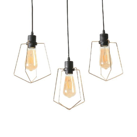 Industrial Metal Ceiling Pendant Light With Gold Ring And Pentagon Design - 3 Lights Suspended Lamp