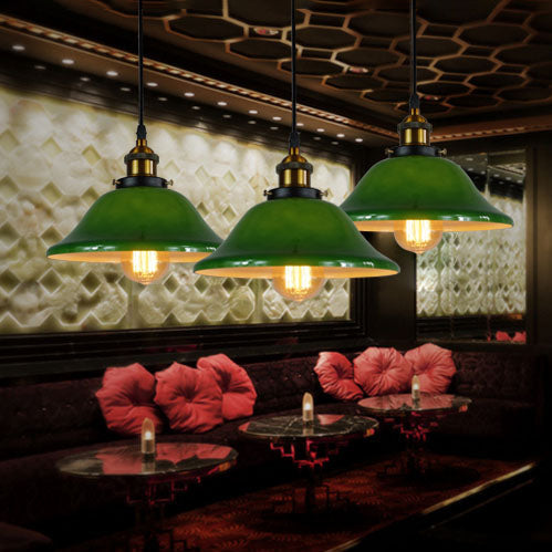 Flared Green Glass Pendant Lighting - 3 Lights Industrial Style Brass Finish