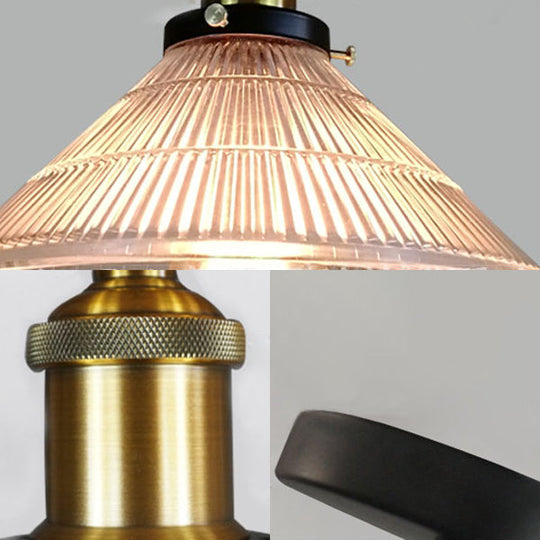 Industrial Brass Cone Pendant Light With Ribbed Glass - Perfect For Dining Rooms 3 Lights And