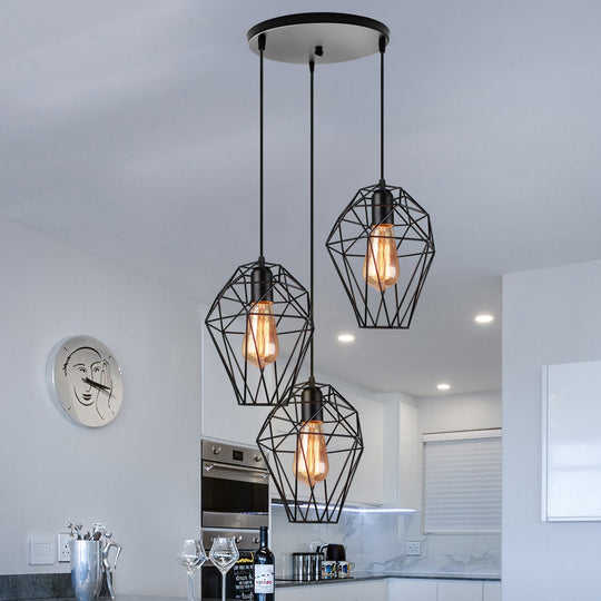 Geometric Vintage Ceiling Pendant Lamp - Metallic Black Suspended Light With 3 Bulbs Cage Shade