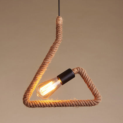 Vintage Black Finish Hemp Rope Suspension Lamp With Unique Triangle/Round Frame Design - 1 Light