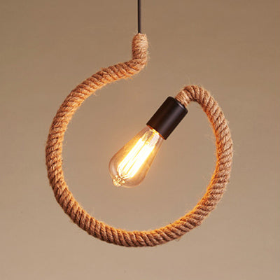 Vintage Black Finish Hemp Rope Suspension Lamp With Unique Triangle/Round Frame Design - 1 Light