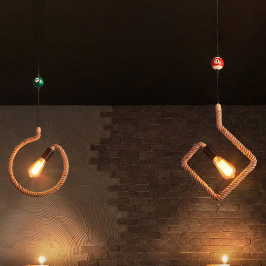 Vintage Black Finish Hemp Rope Suspension Lamp With Unique Triangle/Round Frame Design - 1 Light /