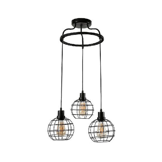 Vintage Black Wire Cage Ceiling Light With Globe Shade 3/4/5 Head Options