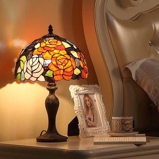 Dark Brown Tiffany Stained Glass Blossom Table Lamp - 1-Light Nightstand Light