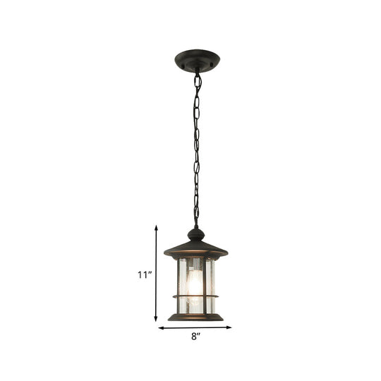 Lodge Lantern Pendant Lamp - 1-Bulb Clear Glass Ceiling Suspension Black Balcony