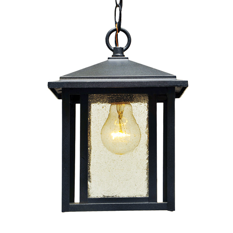 Black Outdoor Retro Pendant Lantern With Clear Seedy Glass - 1-Head Hanging Light Fixture