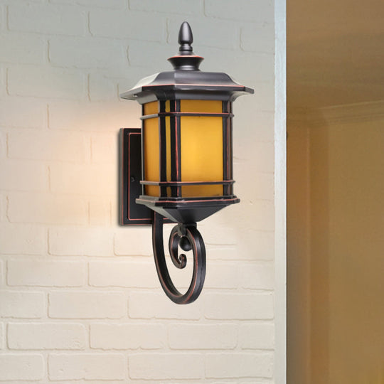 Rustic Lantern Wall Light Sconce With Yellow Glass Scrolled Arm - Coffee Finish