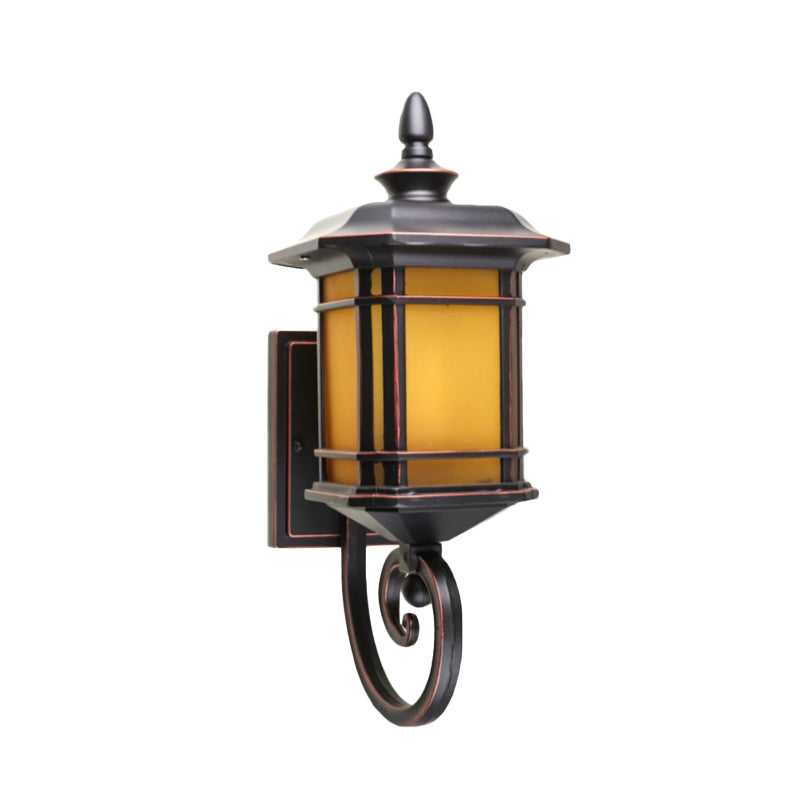 Rustic Lantern Wall Light Sconce With Yellow Glass Scrolled Arm - Coffee Finish