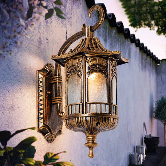 Rustic Metal Bronze Sconce Lantern With Frosted Glass Shade - 1 Head Wall Light Fixture