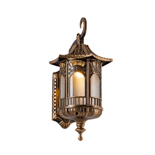 Rustic Metal Bronze Sconce Lantern With Frosted Glass Shade - 1 Head Wall Light Fixture