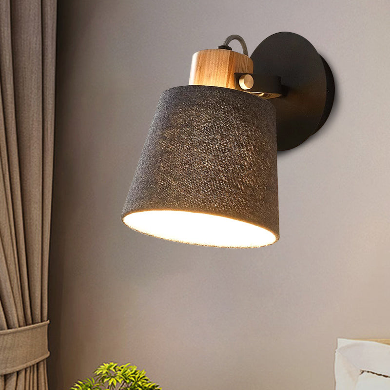 Modern Black Wood Wall Lamp With Barrel Fabric Shade - Mounted