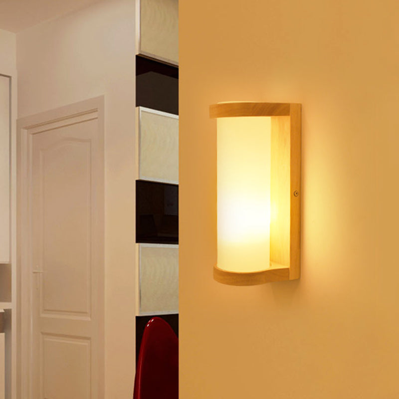 Japanese Style Cylinder Cream Glass Sconce - 1 Light Wood Wall Lamp Fixture For Corners