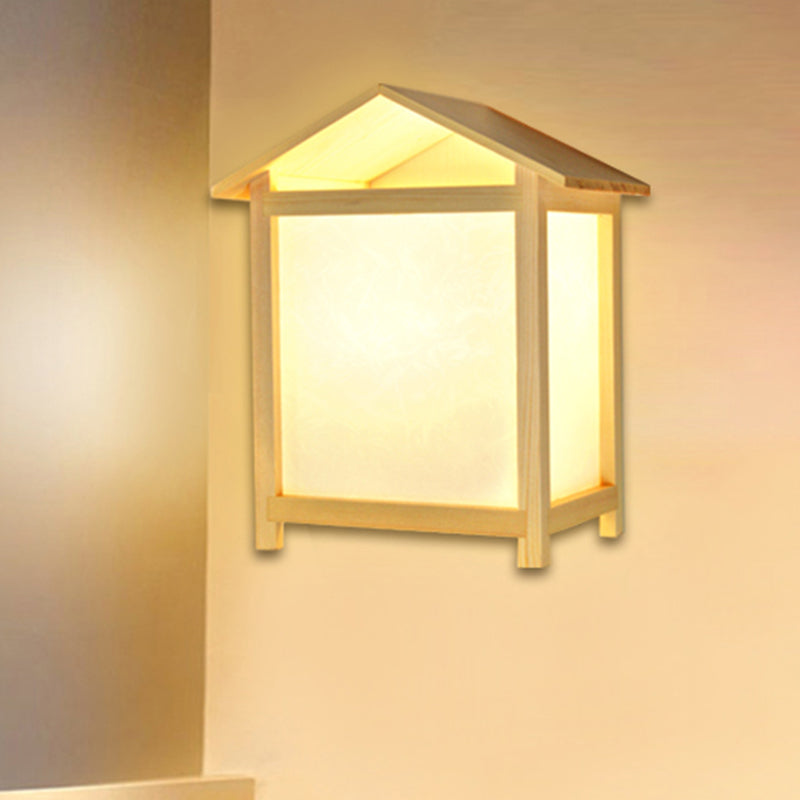 Japanese-Style Sconce Lamp With Parchment Shade - Wood House Shape Wall Light White