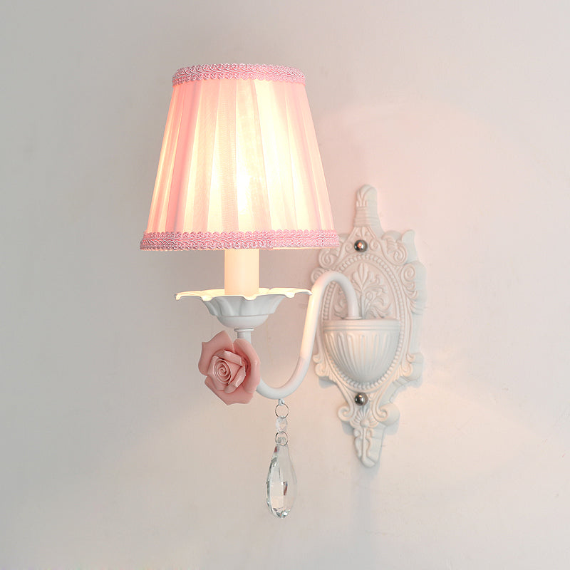 Pleated Fabric Wall Sconce: Pastoral Pink/Blue Bedside Light With Rose Decor