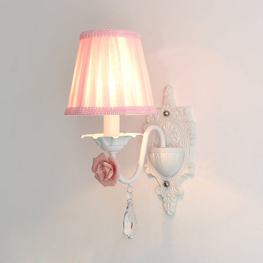 Pleated Fabric Wall Sconce: Pastoral Pink/Blue Bedside Light With Rose Decor