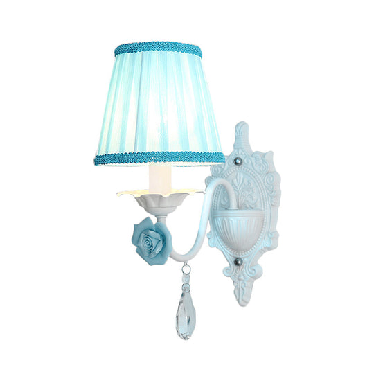 Pleated Fabric Wall Sconce: Pastoral Pink/Blue Bedside Light With Rose Decor