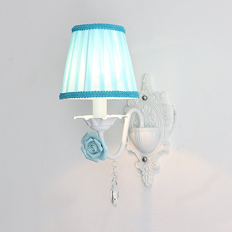 Pleated Fabric Wall Sconce: Pastoral Pink/Blue Bedside Light With Rose Decor