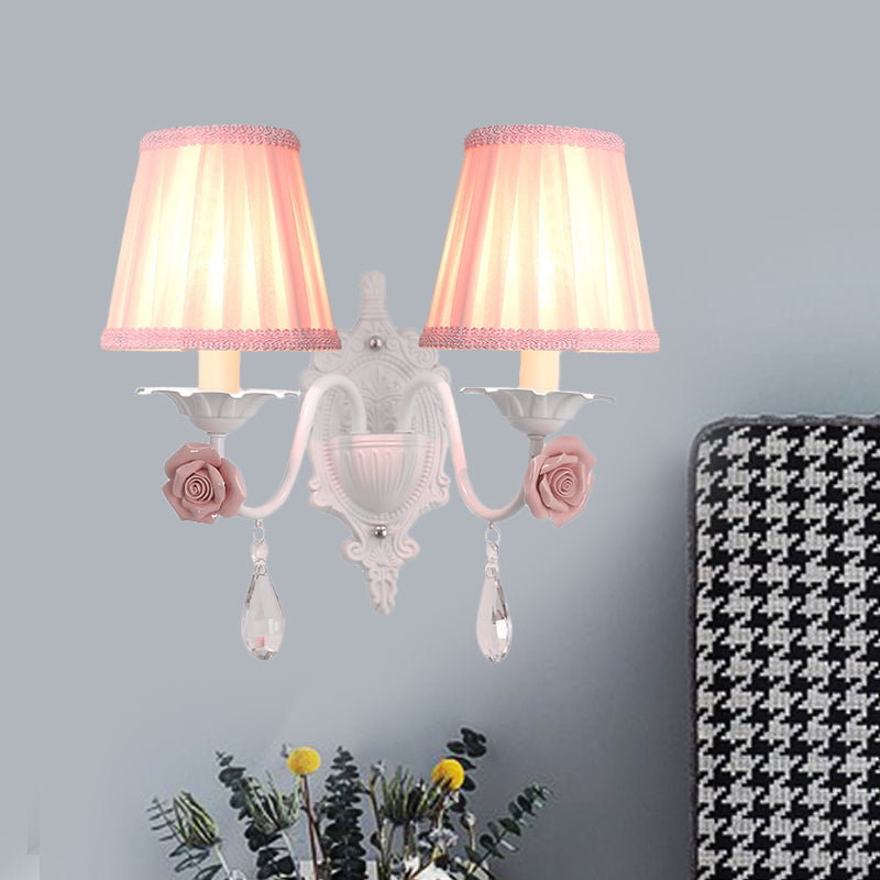 Pleated Fabric Wall Sconce: Pastoral Pink/Blue Bedside Light With Rose Decor 2 / Pink