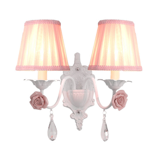 Pleated Fabric Wall Sconce: Pastoral Pink/Blue Bedside Light With Rose Decor