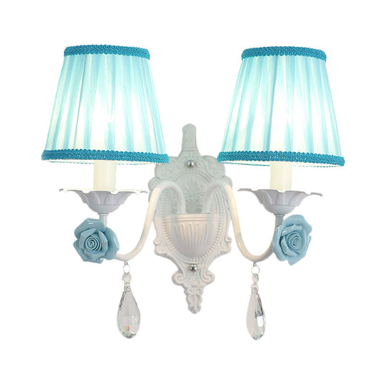 Pleated Fabric Wall Sconce: Pastoral Pink/Blue Bedside Light With Rose Decor