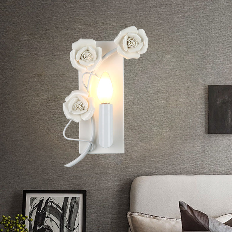 Korean Garden Iron Candle Sconce: White Wall Mount Lamp With Carved Rose Décor