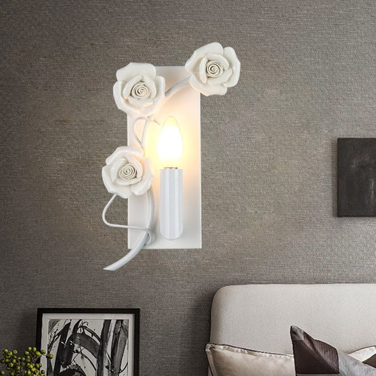 Korean Garden Iron Candle Sconce: White Wall Mount Lamp With Carved Rose Décor