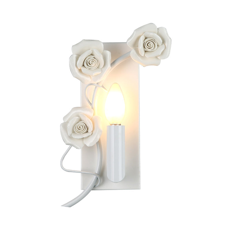 Korean Garden Iron Candle Sconce: White Wall Mount Lamp With Carved Rose Décor