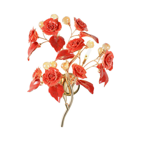 Pastoral Ceramic 3-Light Flower Wall Sconce For Bedroom - White/Red/Green