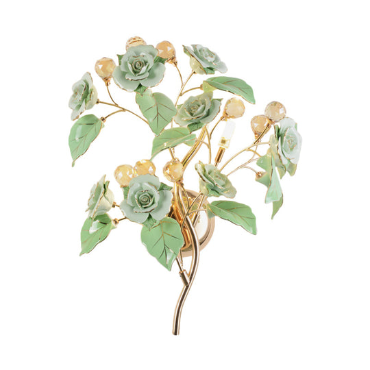 Pastoral Ceramic 3-Light Flower Wall Sconce For Bedroom - White/Red/Green