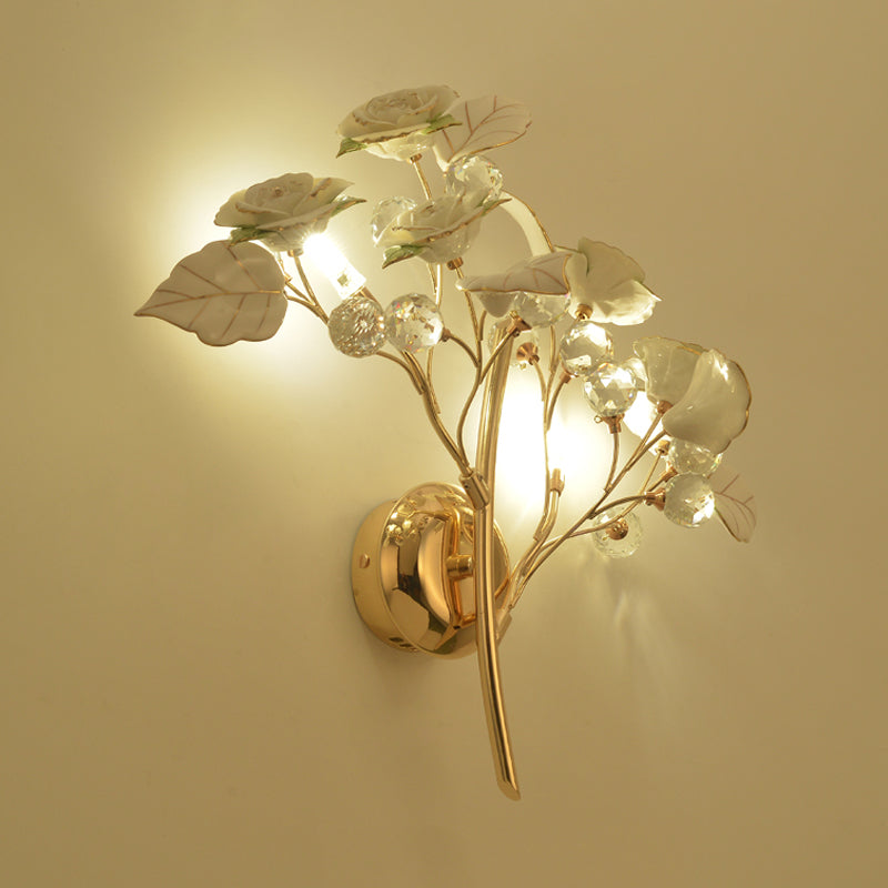 Romantic Red/White/Pink Rose Blossom Sconce With 2 Lights - Ceramic Wall Mount Lamp For Hotels