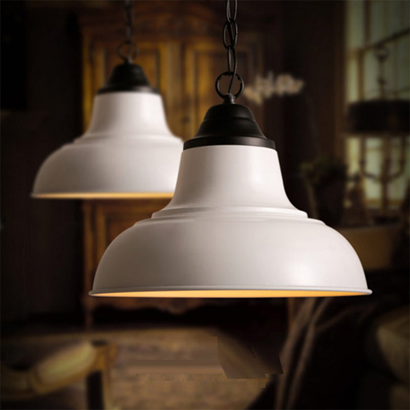 White Dome Pendant Light With Metallic 1-Head And Chain For Dining Table